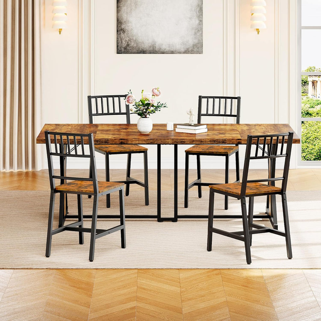 HOOBRO Dining Chairs Set of 4, Wooden Kitchen Chairs with Metal Frame, Industrial Dining Chairs with Back, Easy to Assemble, Farmhouse Dining Chairs for Living Room, Rustic Brown and Black BF39CDP401