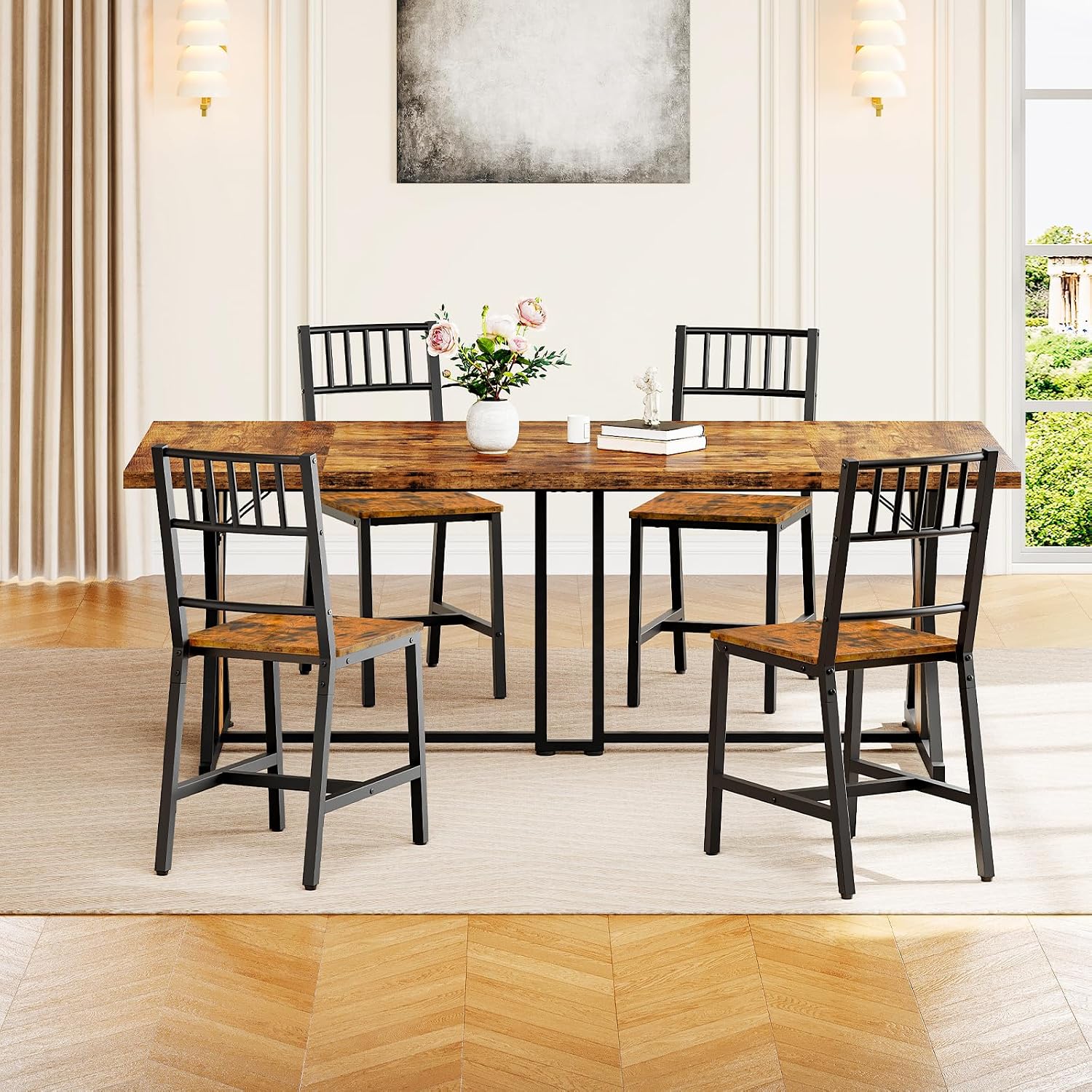 HOOBRO Dining Chairs Set of 4, Wooden Kitchen Chairs with Metal Frame, Industrial Dining Chairs with Back, Easy to Assemble, Farmhouse Dining Chairs for Living Room, Rustic Brown and Black BF39CDP401