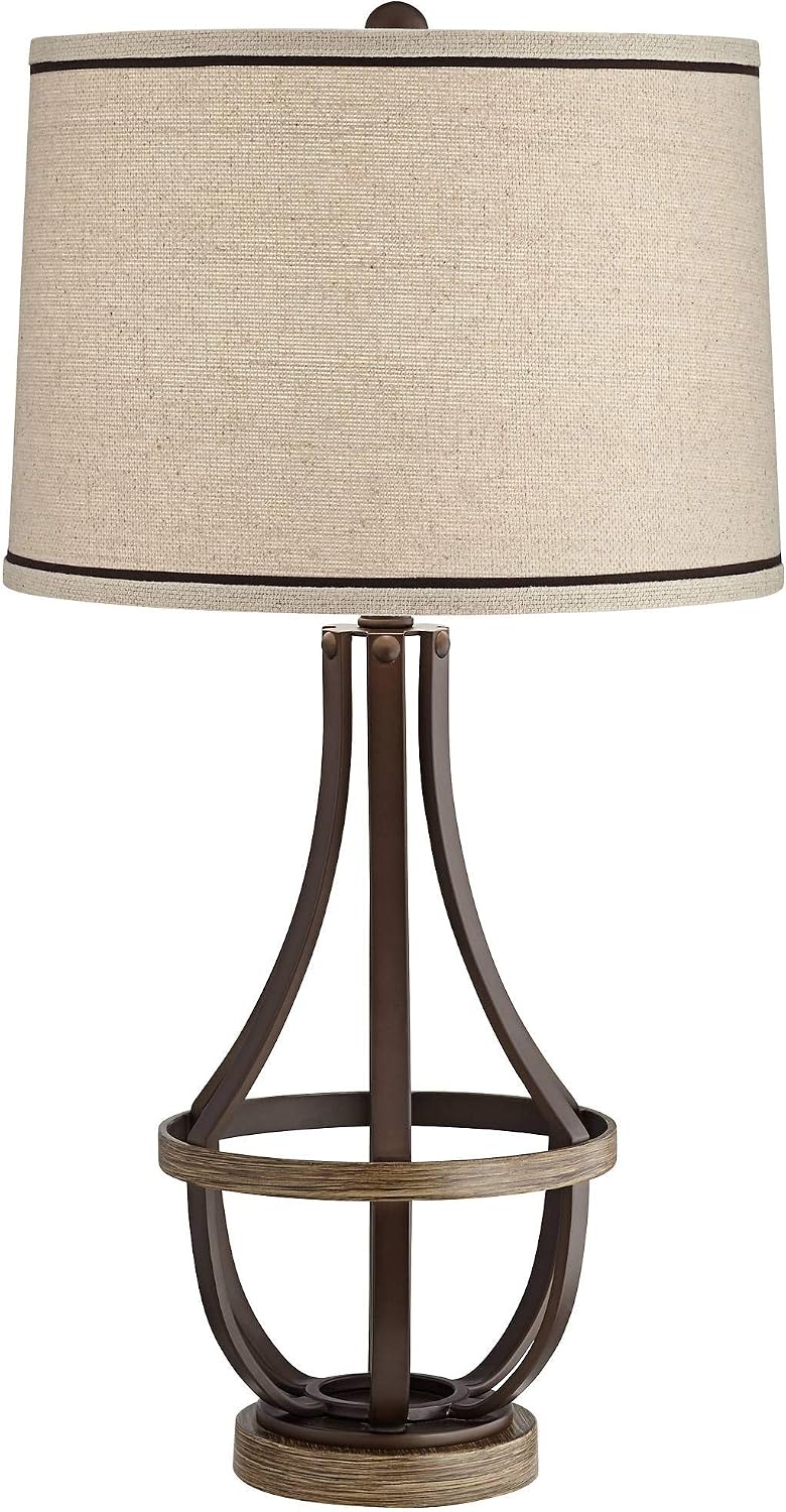 Franklin Iron Works Louanne Industrial Rustic Farmhouse Table Lamp 29' Tall Oil Rubbed Bronze Brown Metal Burlap Linen Drum Shade for Bedroom Living Room House Home Bedside Nightstand Office Family