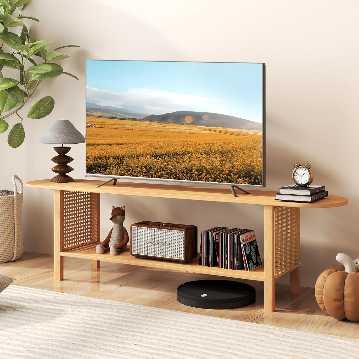HollyHOME Bamboo TV Stand with Storage for TVs up to 65', Modern Entertainment Center with Rattan Side, Accent TV Table with 2 Shelf, Media Console TV Stand for Living Room, Bedroom, Burlywood