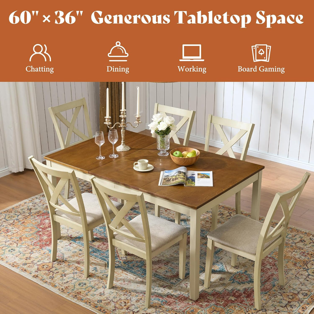 AMERLIFE 7-Piece Farmhouse Solid Wood Dining Table Set with 6 Upholstered Chairs, 60' Space Saving Dinner Table & Chairs Set, for Dining Room, Kitchen, Restaurant, Rustic Cream