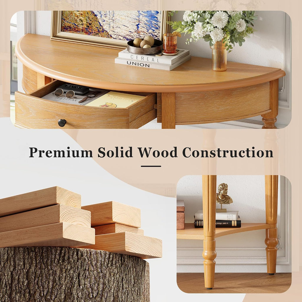 LKTART Vintage Half Moon Console Table with Solid Pinewood Frame & Legs, Modern Entryway/Sofa Table for Living Room,Hallway,Foyer,Behind Couch (Natural 39')