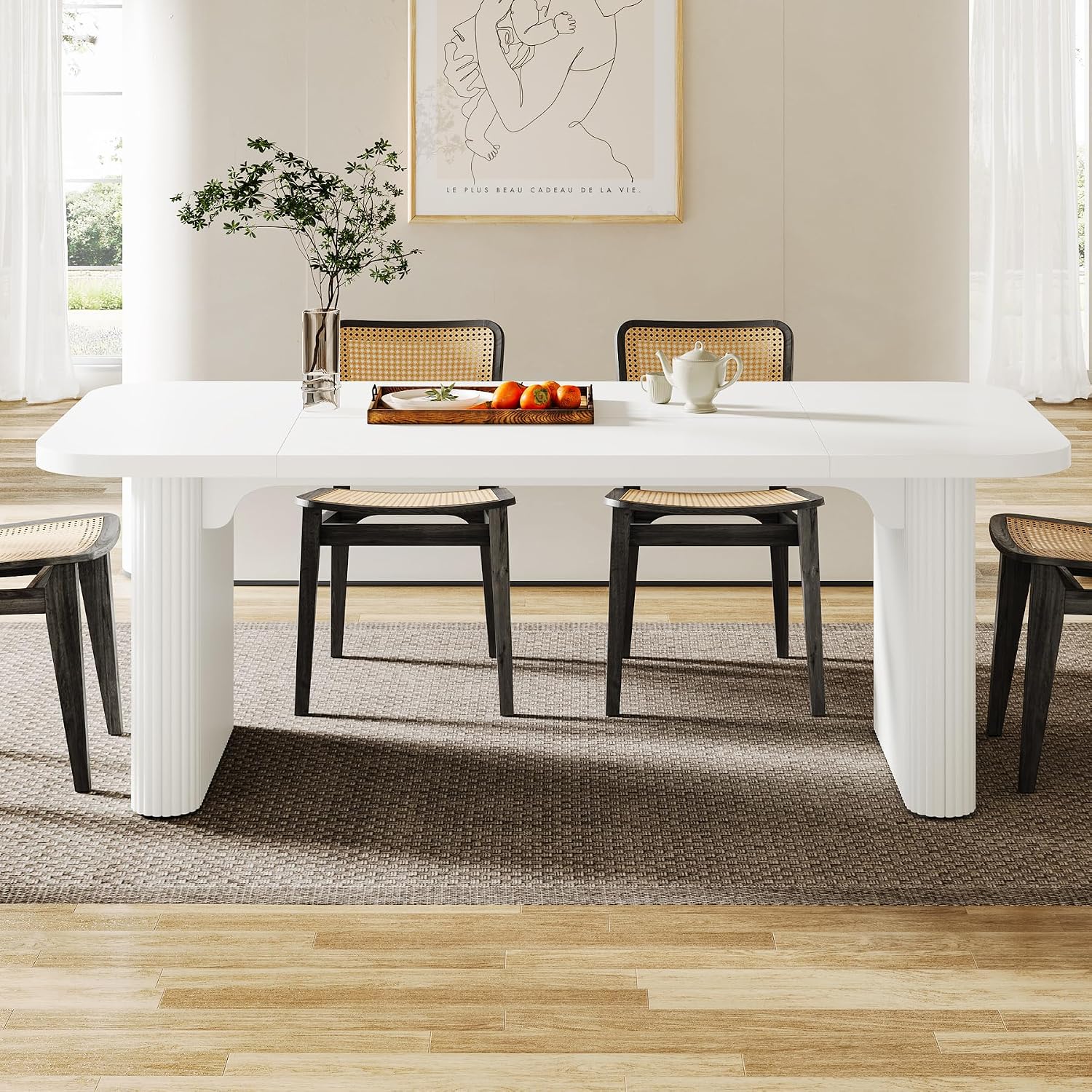 Tribesigns Modern Dining Table for 6 People, 62-Inch Wood Kitchen Table with Double Robust Pedestal, Large Rectangle Wooden Dinner Table for Dining Room (White)