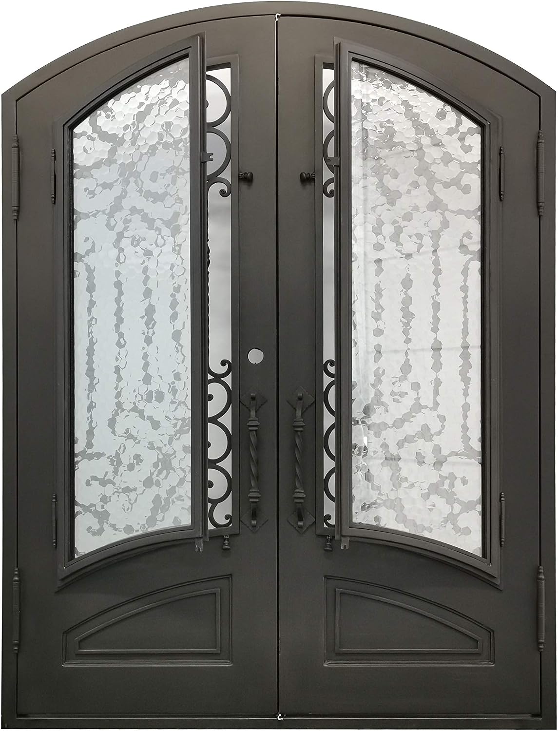 Archer Exterior Double Front Entry Door Wrought Iron with Operable Tempered Water Cube Glass Inside Swing Dark Bronze Finish (72 By 108 Right Hinge Active)