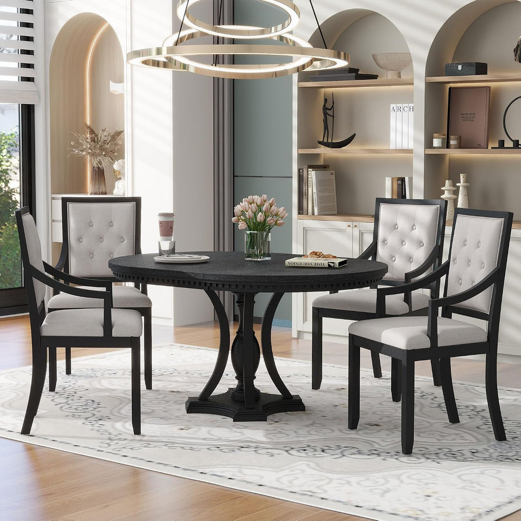 LUMISOL Round Dining Table Set for 4, 5-Piece Extendable Kitchen Table Set with 4 Upholstered Chairs, Farmhouse Table and Chairs Set for Kitchen, Dining Room, Living Room, Black+Beige