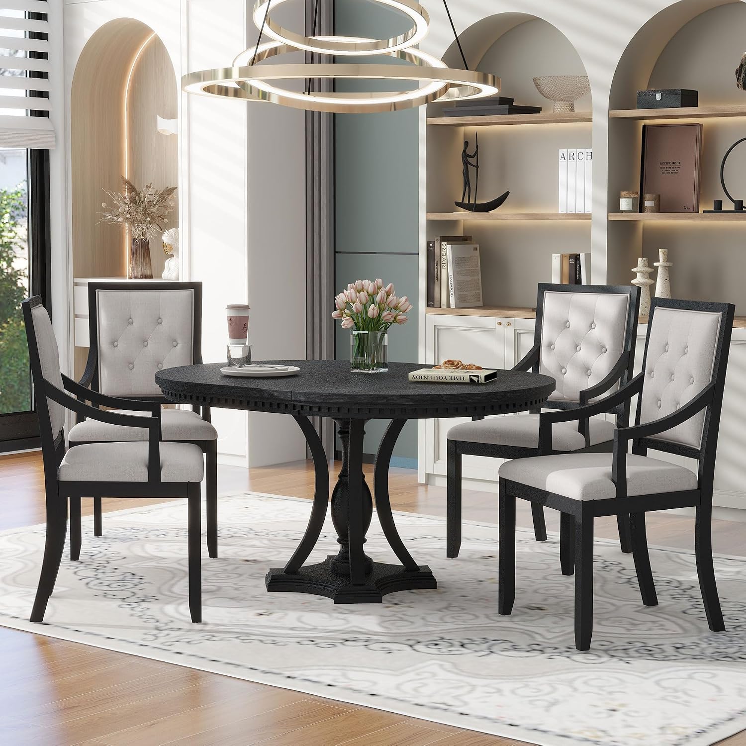 LUMISOL Round Dining Table Set for 4, 5-Piece Extendable Kitchen Table Set with 4 Upholstered Chairs, Farmhouse Table and Chairs Set for Kitchen, Dining Room, Living Room, Black+Beige