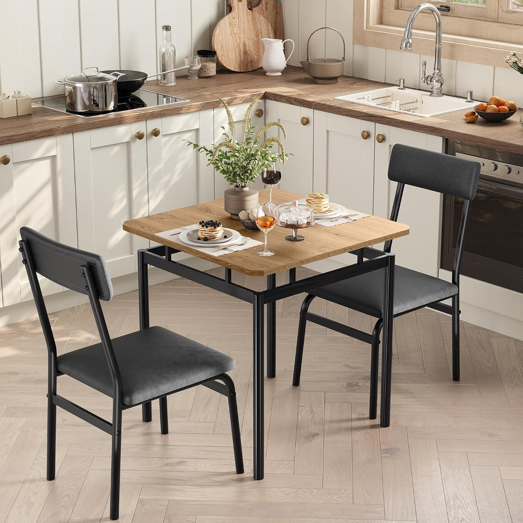 Garvee 3 Piece Dining Table Set, Kitchen Table Set for 2 with 2 PU Upholstered Chair, Industrial Metal Frame Dinette Set for Small Space, Dining Room, Apartment, Studio, Black