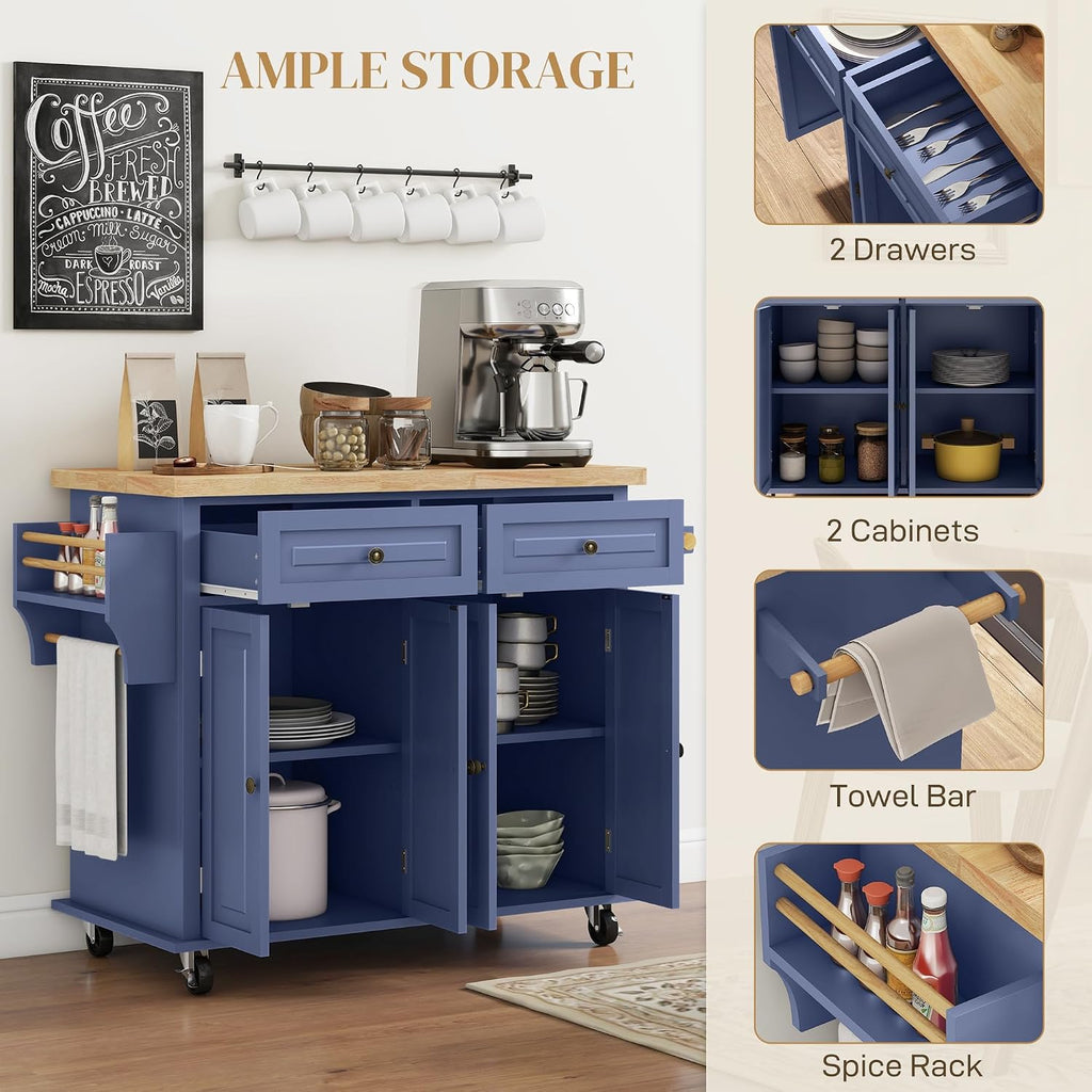 HOMCOM Kitchen Island Cart with Solid Wood Top, 44' Mobile Kitchen Island Table on Wheels with Storage Cabinets, 2 Drawers, Adjustable Shelves, Spice Rack & Towel Bar for Dining Room, Navy Blue
