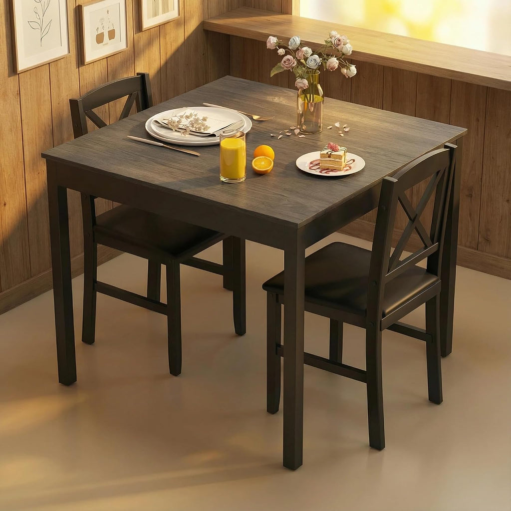 Tangkula Mid-Century Modern Dining Table Set for 2, Wooden Kitchen Table & 2 Chairs with Padded Seats, 3-Piece Compact Dining Set for Small Spaces, Kitchen, Living Room (Grey+Black)