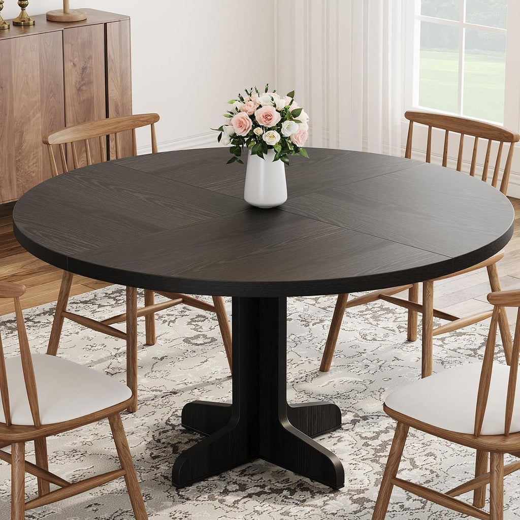 IDEALHOUSE Round Dining Table for 4, 47 Inches Dining Room Table with Wooden Base, Circle Kitchen Dinner Table for Dining Room, Kitchen, Living Room (Table Only), Black