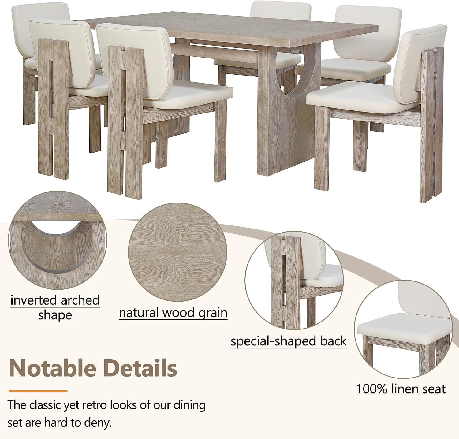 Merax Wood Dining Table Set for 6, Rectangular Tabletop/Upholstered Chairs/Retro Geometric Design, Ideal for Dining-Room and Kitchen, Natural