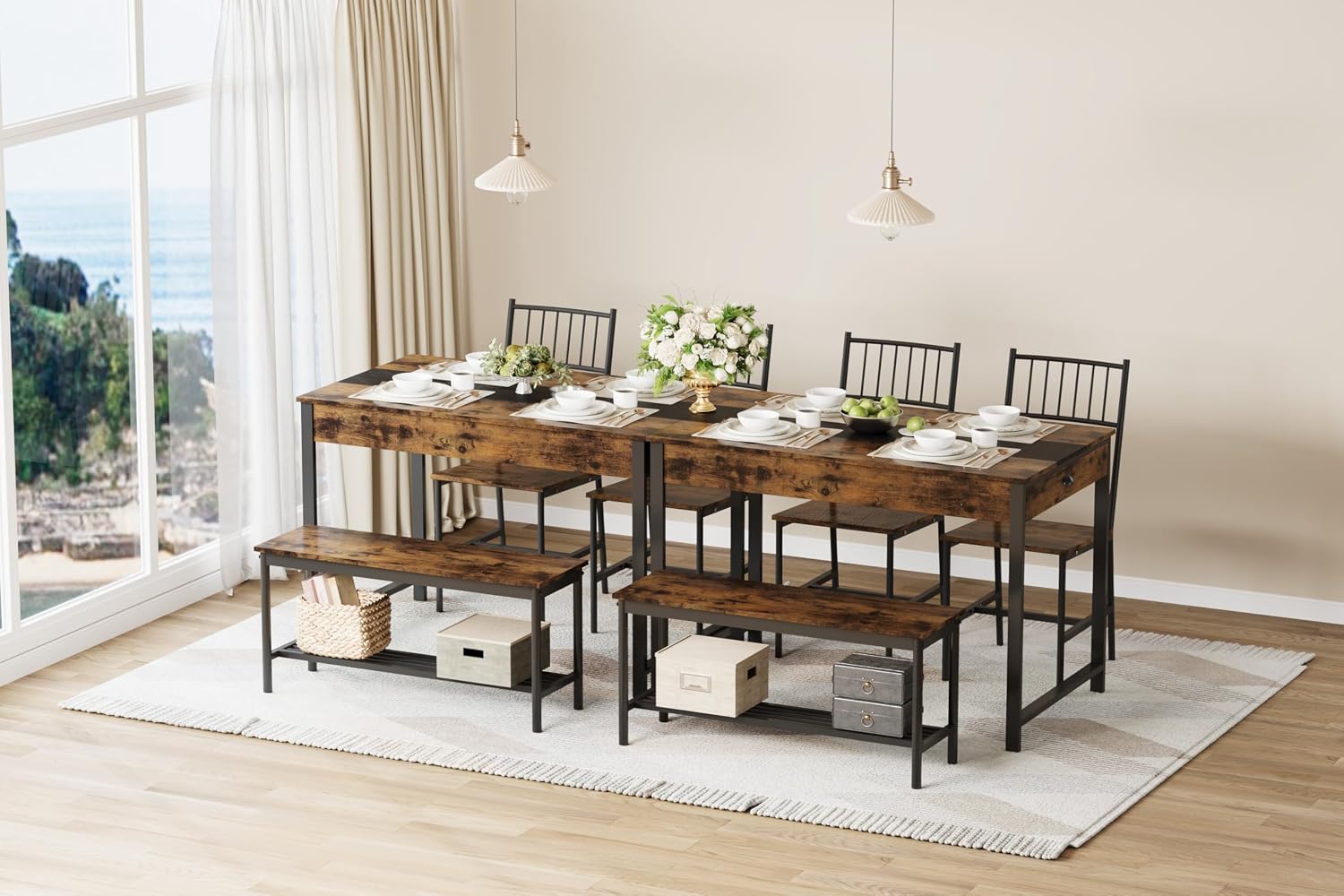 GarveeHome Dining Table Set for 4, Small Kitchen Table and 2 Chairs for 4 with Bench, Space Saving Kitchen Table Set with Storage Rack & Drawers, Breakfast Nook Rectangular Farmhouse Table Set, Retror