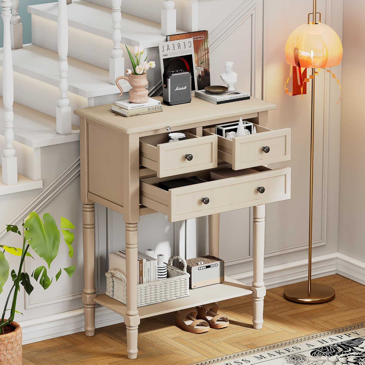 LKTART Small Solid Wood Sofa Table,Console Table with Drawers and Bottom Shelf, Entryway Hallway Foyer Entry Table for Living Room(23.7' Beige)