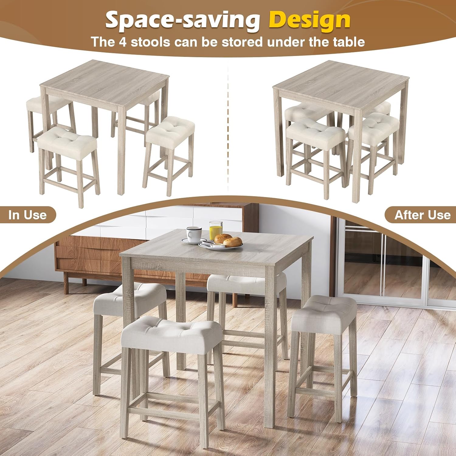 Giantex 5-Piece Bar Table Set with 35'x35 Square Table, 18'x11 Padded Stools, Rubber Wood Legs, Footrest, Bar Table and Chairs Set for Kitchen, Dinette, Small Space, Dining Table Set for 4