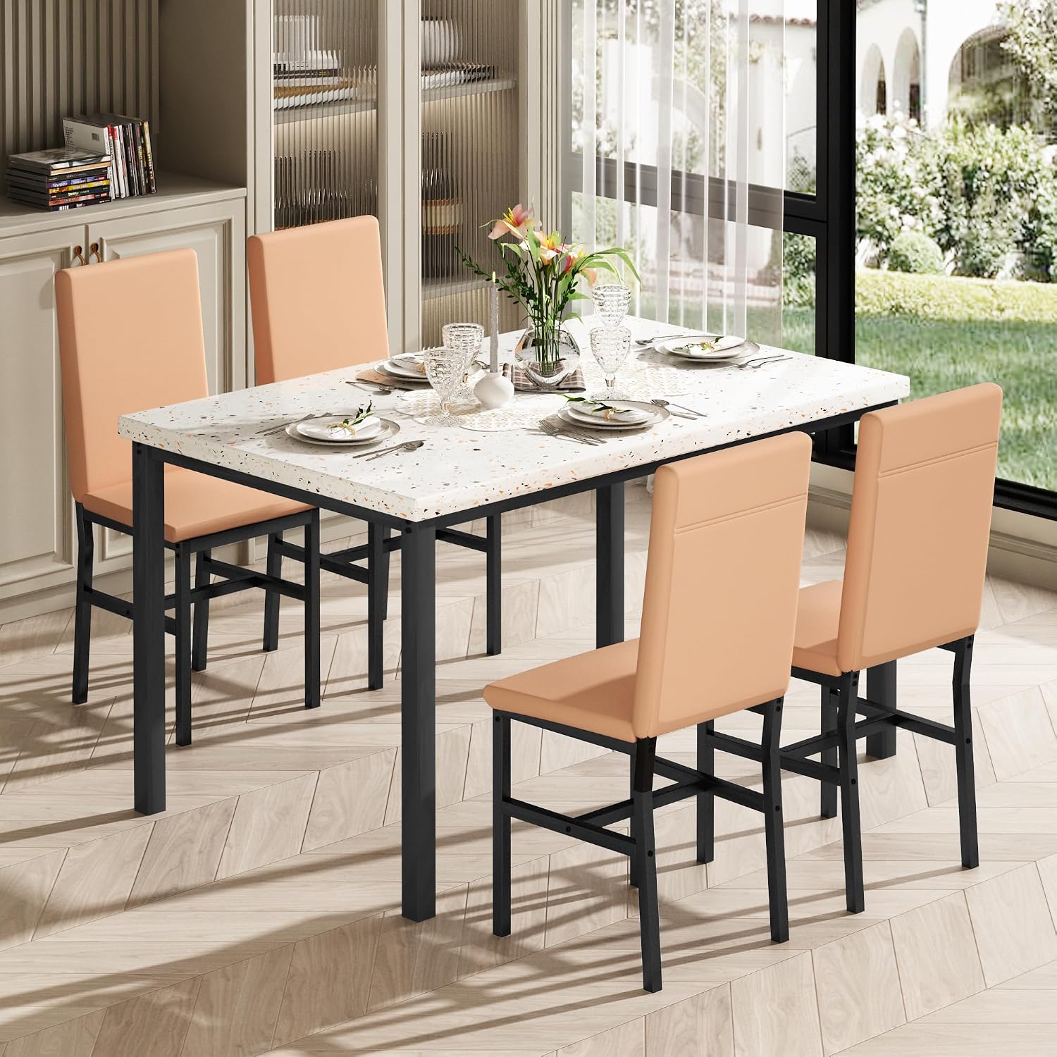 Hooseng 5 Piece Dining Table Set for 4, Small Faux Marble Kitchen Table with 4 PU Leather Chairs, Modern Dining Room Table Set for Small Space, Breakfast Nook, Dinette