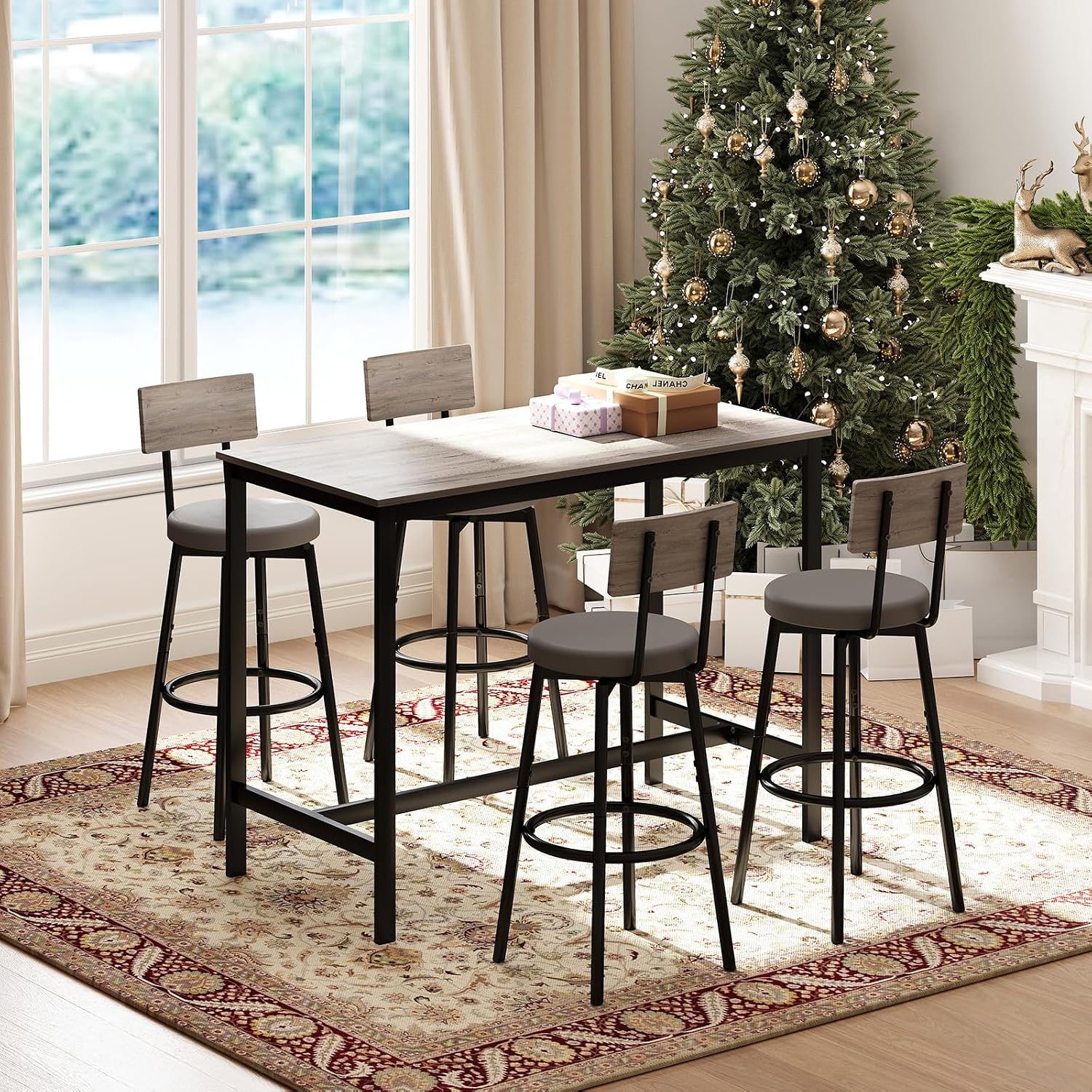 Zevemomo 5-Piece Dining Table Set, Bar Table Set for 4, Kitchen Table and Chairs, Counter Height High Top Table with 4 PU Upholstered Stools, Space-Saving Pub Table Sets for Small Space, Grey & Black