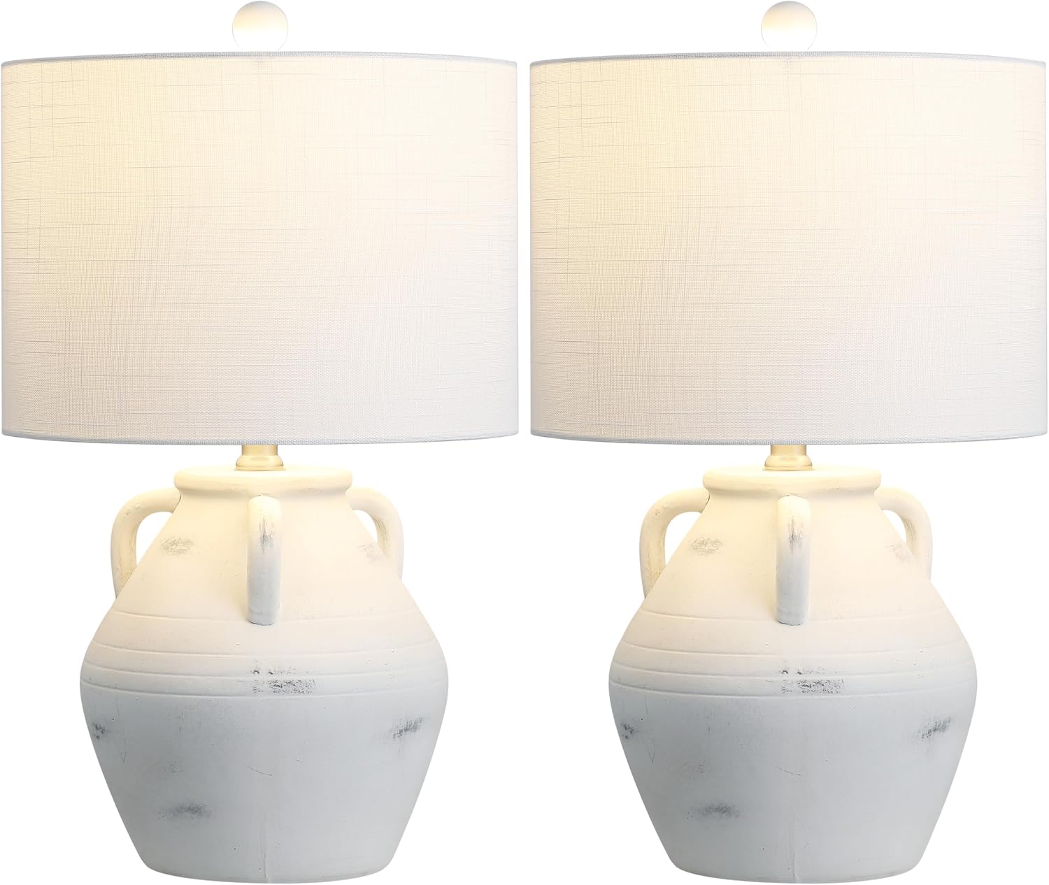 JONATHAN Y 20.5' White Ceramic Pottery Jar Table Lamp Set of 2 for Bedroom Living Room, Rustic Coastal French Country Cottage Style, White Linen Shade, LED Bulbs Included JYL5502A-SET2