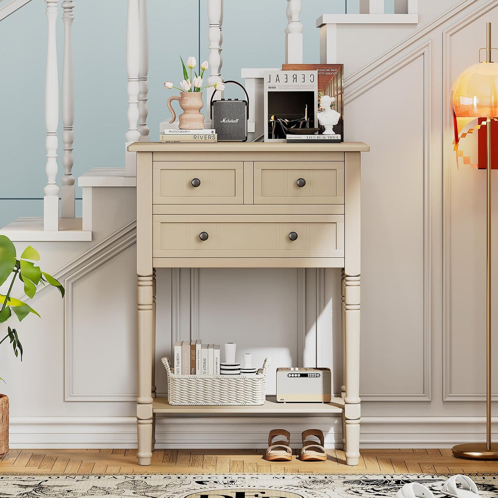 LKTART Small Solid Wood Sofa Table,Console Table with Drawers and Bottom Shelf, Entryway Hallway Foyer Entry Table for Living Room(23.7' Beige)