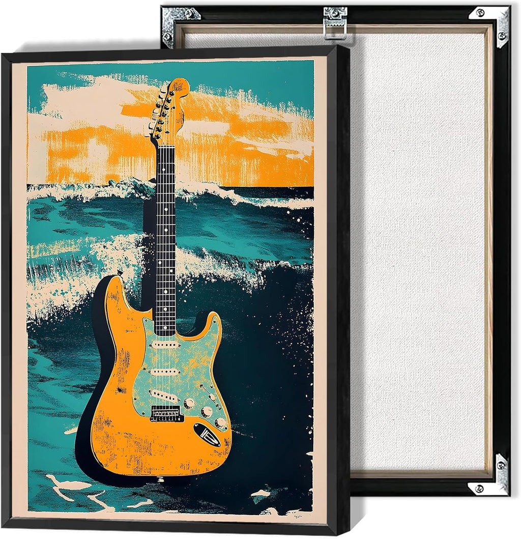 Vintage Music Guitar Poster Electric guitar on the sea Canvas Wall Art Modern Creative Watercolor Abstract Artwork Prints Painting For Living Room Bedroom Office Wall Decor 24x36in Framed
