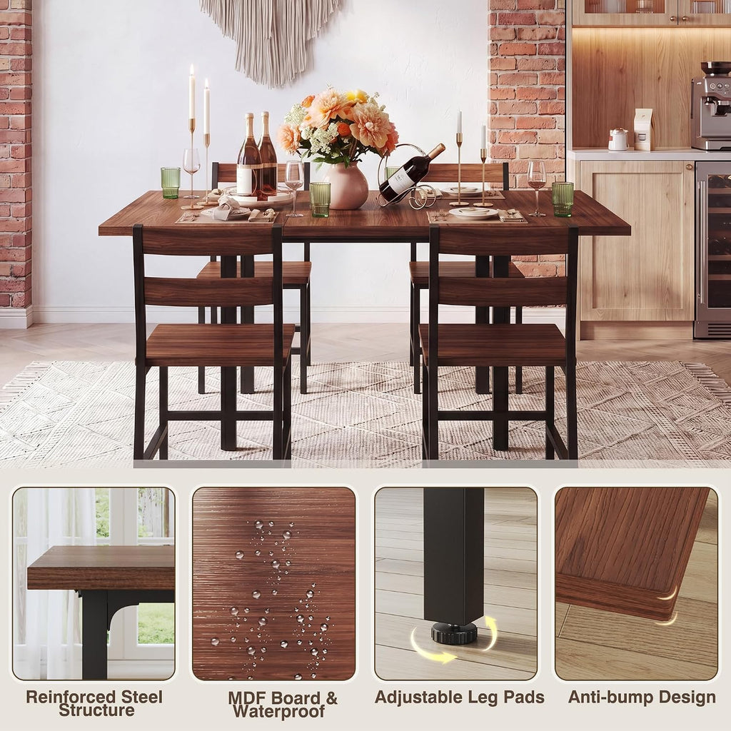 HUAHUU Extendable Dining Table Set for 4, Wood Kitchen Table with 4 Curved Backrest Chairs, Dining Room Table with MDF Board & Metal Frame, Saving Space for Small Apartment, Easy Assembly, Walnut