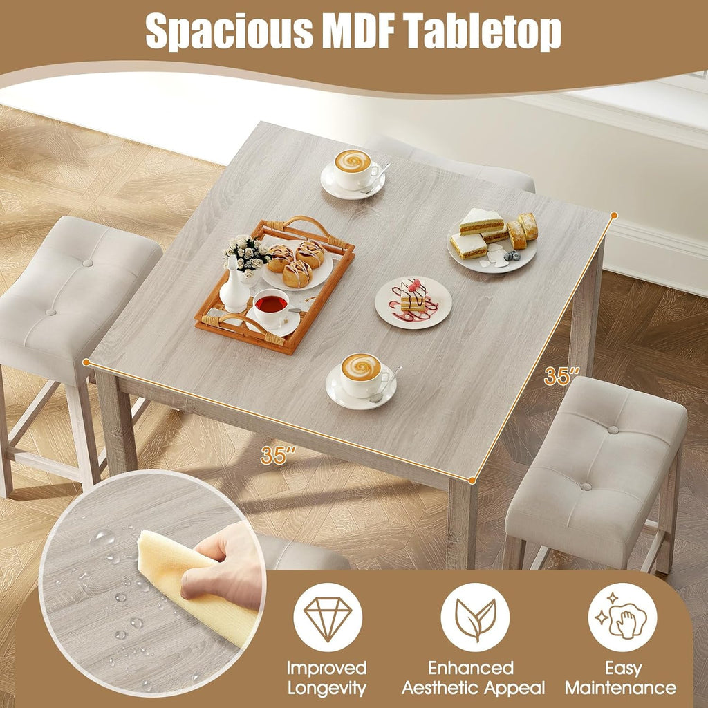 COSTWAY 5-Piece Bar Table Set, Square Breakfast Set for 4 w/Padded Stools, Small Kitchen Table Set w/Rubber Wood Legs, Space-Saving Dining Table Set for Living Room, Kitchen, Small Space