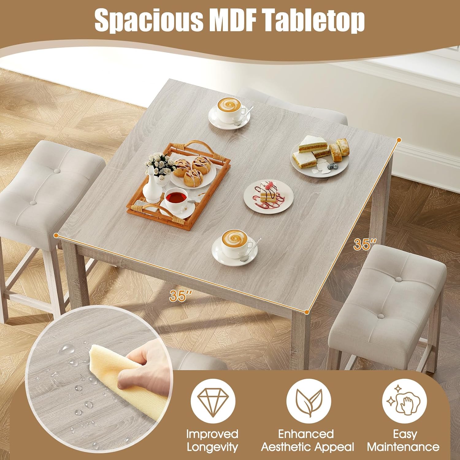 COSTWAY 5-Piece Bar Table Set, Square Breakfast Set for 4 w/Padded Stools, Small Kitchen Table Set w/Rubber Wood Legs, Space-Saving Dining Table Set for Living Room, Kitchen, Small Space