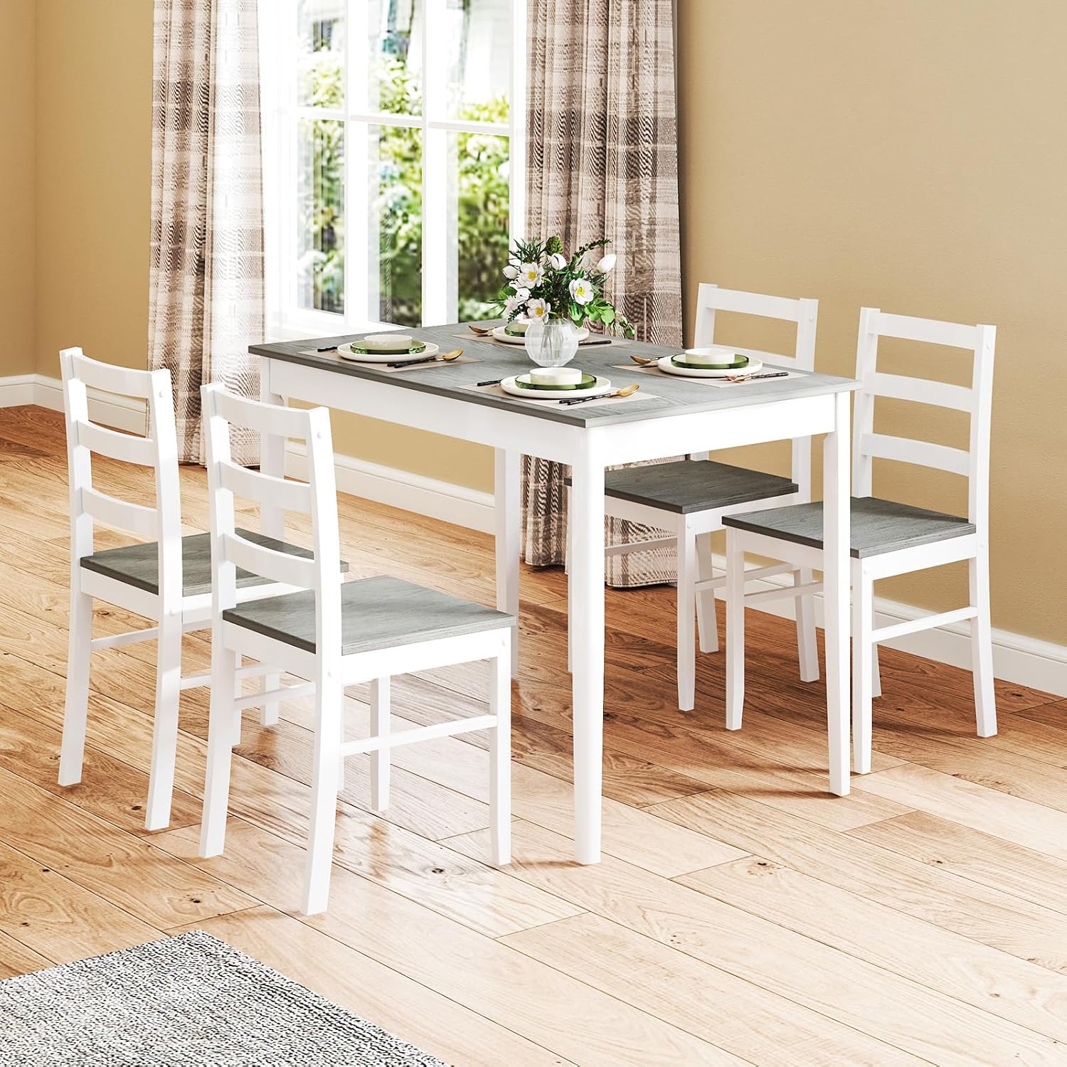 NAFORT 5 Piece Dining Table Set for 4, Farmhouse Solid Wood Kitchen Table Chairs Set of 4, Mid-Century Modern Dinette Set w/Rubber Wood Legs, Dining Room Table and 4 Chairs for Kitchen
