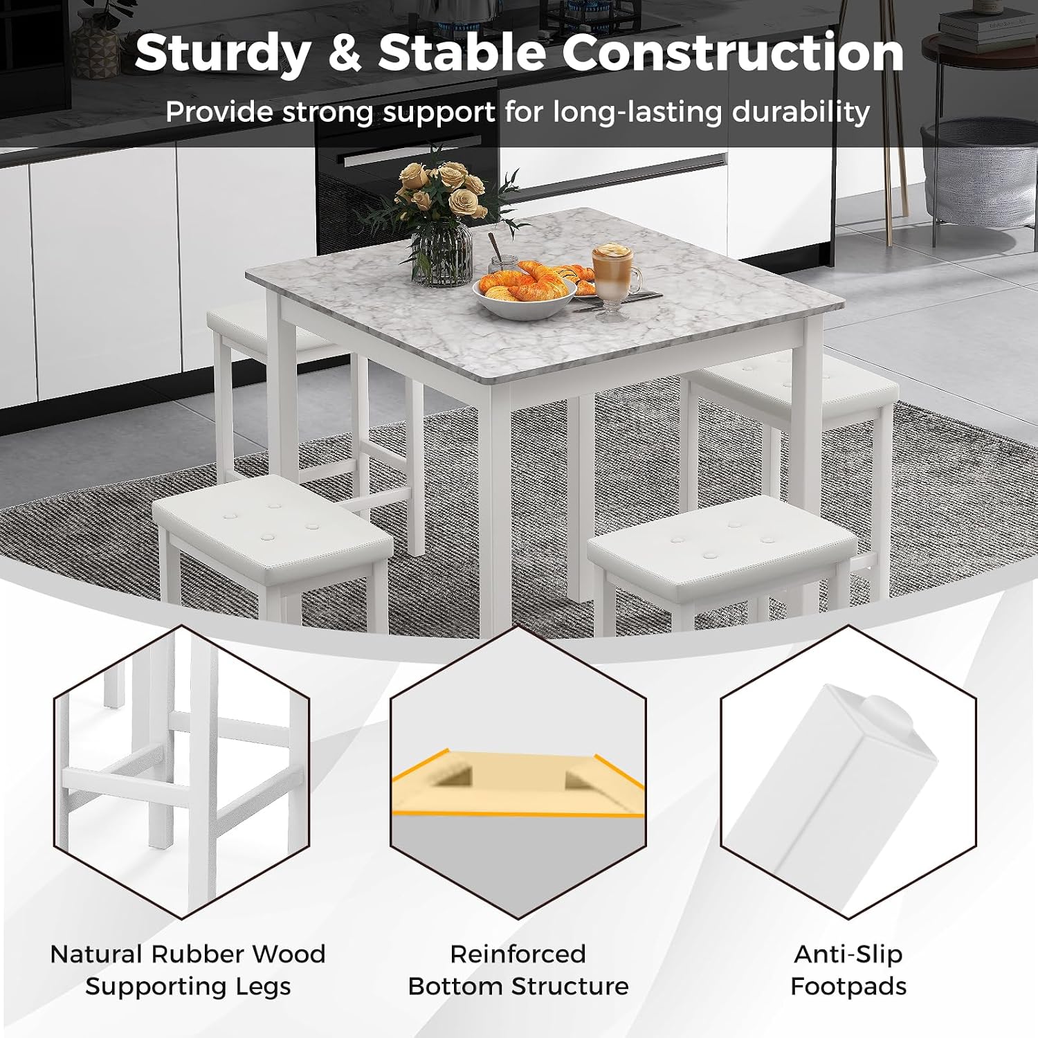 Giantex Dining Table Set for 4, Counter Height Dining Set with 4 Bar Stools, Space-Saving Kitchen Table Chairs Set for Small Place, Dinette, Breakfast Nook (White)