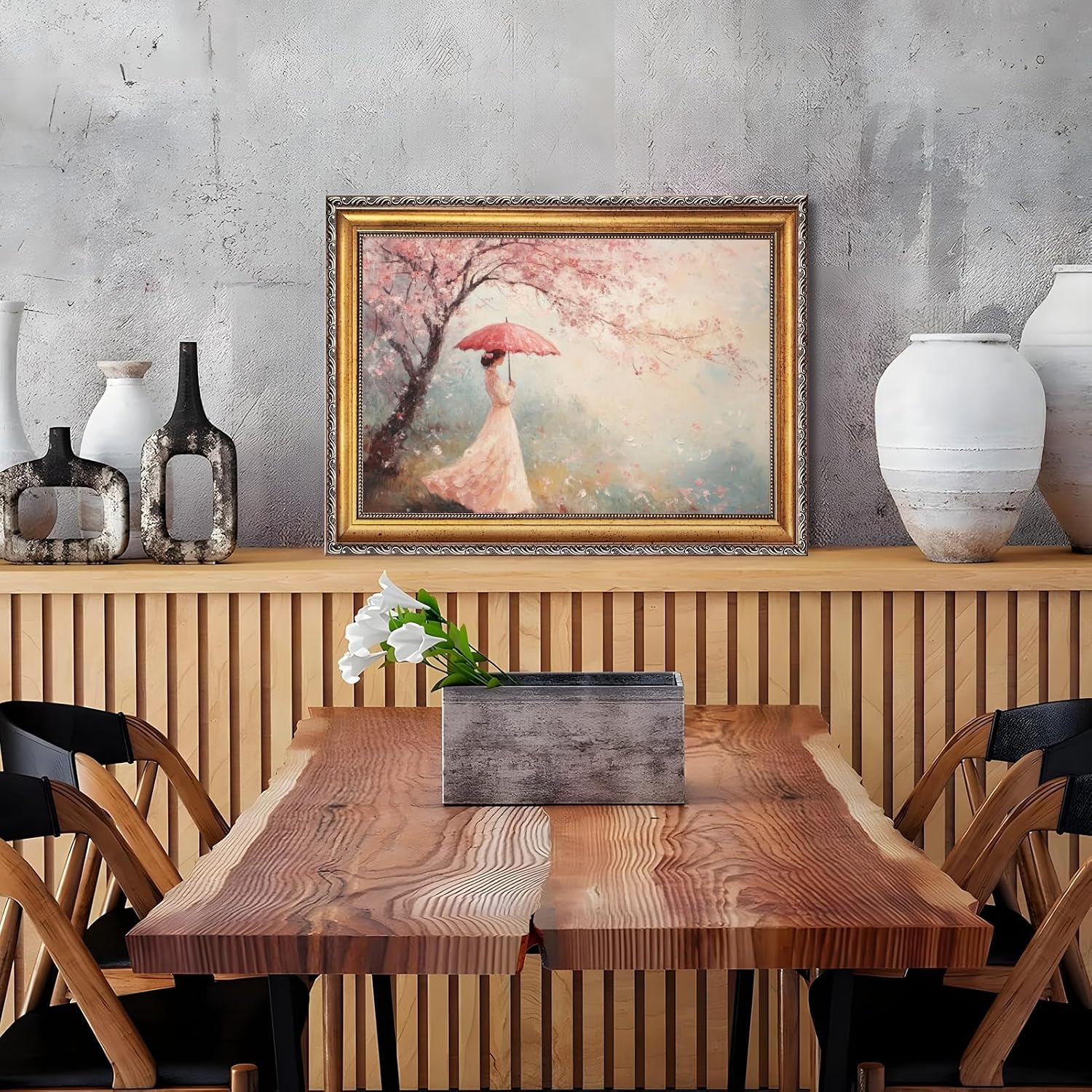 Large Framed Pink Cherry Blossom Tree Girl Oil Painting Wall Art Romantic Woman with Umbrella Canvas Print Spring Floral Japanese-Inspired Decor Vintage Artwork for Living Room Bedroom 24x36inch