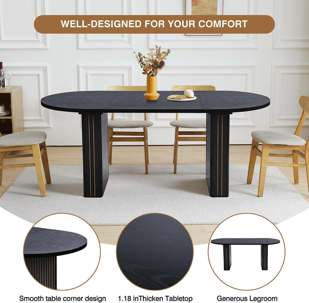 70.8 Inch Kitchen Dining Table for 4-6 People, Oval Kitchen Table with Wood Strip Base, Modern Farmhouse Large Round Dining Room Tables for Home Living Room (Black)
