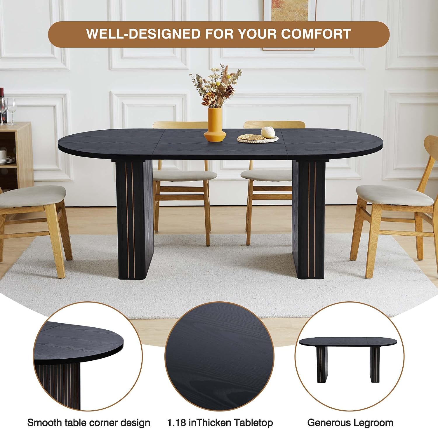 70.8 Inch Kitchen Dining Table for 4-6 People, Oval Kitchen Table with Wood Strip Base, Modern Farmhouse Large Round Dining Room Tables for Home Living Room (Black)