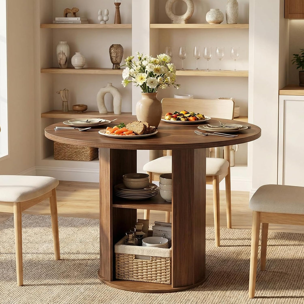 MAHANCRIS 43.3' Round Dining Table with Storage Shelf for 4, Circle Kitchen Dinner Table with Thick Tabletop, Circle Nook Table for Kitchen & Dining Room, Walnut DTWA11001