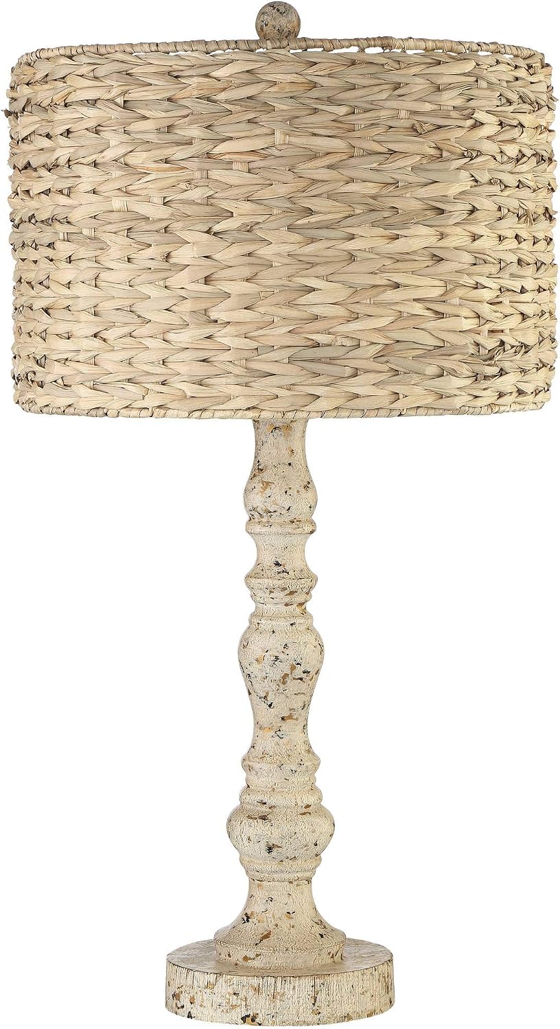 John Timberland Jackson Country Cottage Core Coastal Table Lamp 27.5' Tall Rustic Natural Distressed Antique White Candlestick Rattan Drum Shade for Living Room Bedroom House Bedside Nightstand Home