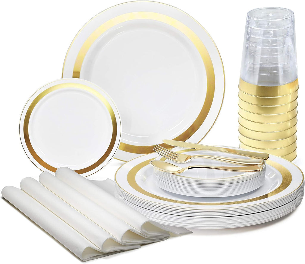 ' OCCASIONS ' 840pcs set (120 Guests)-Heavyweight Wedding Party Disposable Plastic Plate Set-120 x 10.5'' + 120 x 6.25'' + Gold Silverware + Cups + Napkins (Soleil White & Gold)