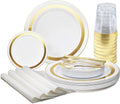 ' OCCASIONS ' 840pcs set (120 Guests)-Heavyweight Wedding Party Disposable Plastic Plate Set-120 x 10.5'' + 120 x 6.25'' + Gold Silverware + Cups + Napkins (Soleil White & Gold)