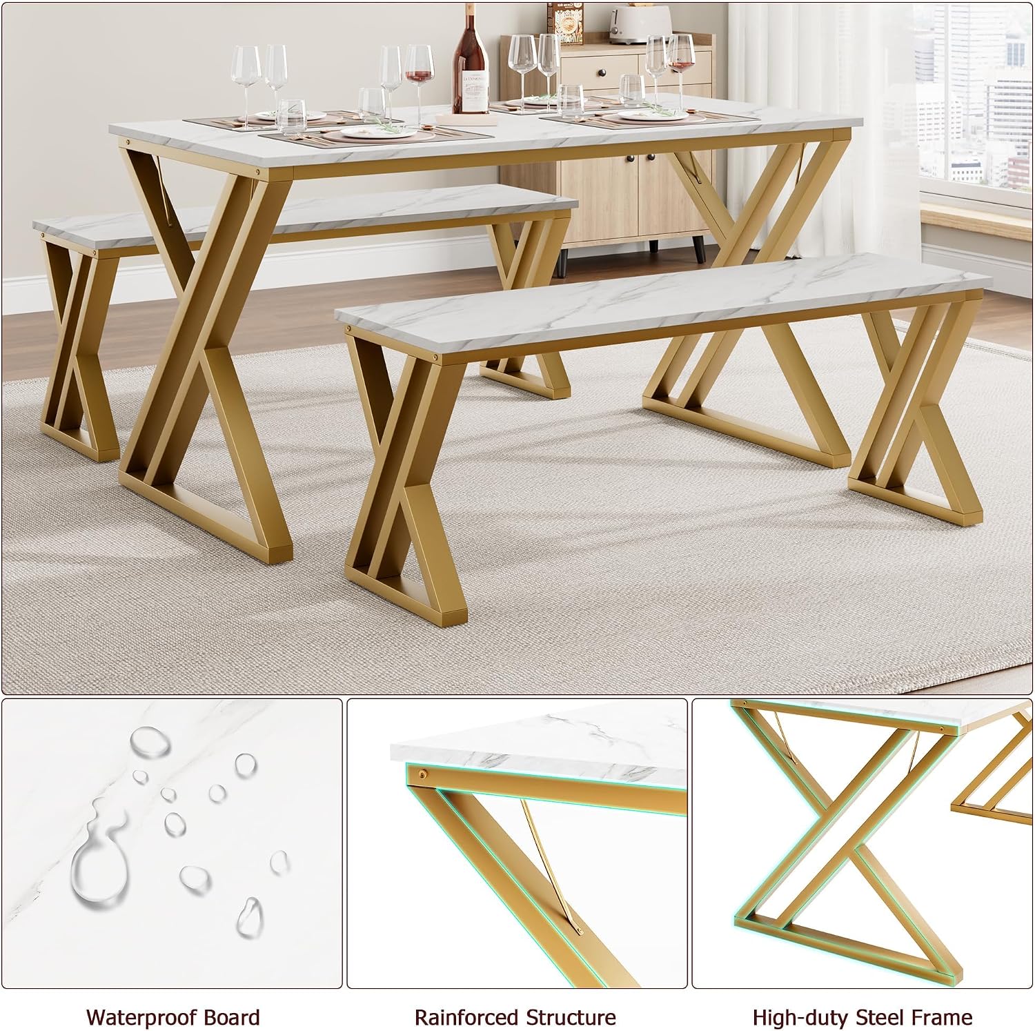 GarveeHome Kitchen Table with 2 Benches, Dining Table Set for 4 with Faux Marble Tabletop, Saving Space Dining Room Table Set for Kitchen, Dining Room, Apartment, Sturdy Metal Frame