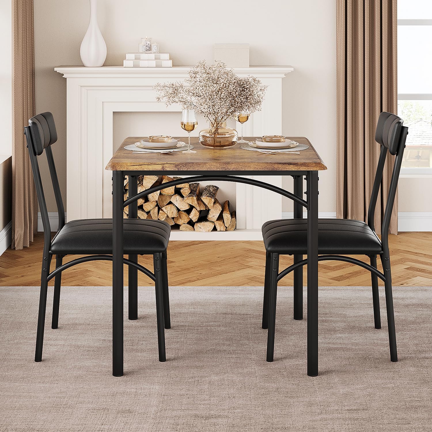 3-Piece Dining Table Set for 2, Kitchen Table Set with 2 Upholstered Chairs, Square Dining Table Set for Apartment, Studio, Small Space, Brown