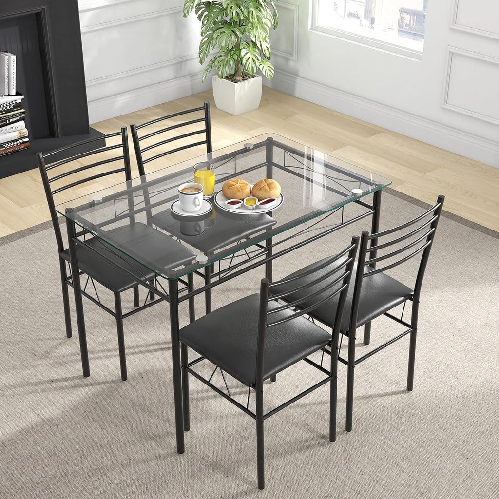 Giantex 5 Piece Dining Table Set, Kitchen Dining Set with Tempered Glass Table Top and 4 Upholstered Chairs, Dinette Set for 4 for Breakfast Nook Dining Room Kitchen (Black)