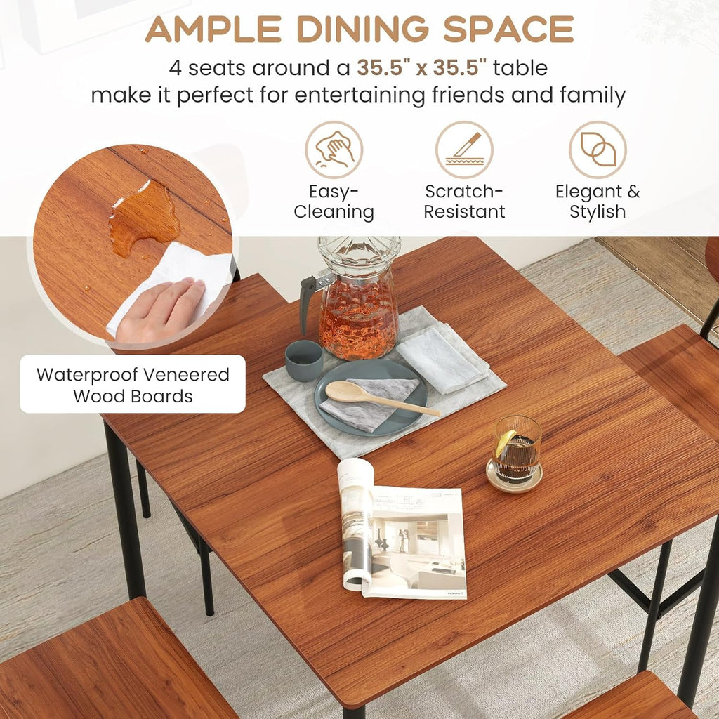 Giantex 5-Piece Dining Table Set W/Counter Height Table & 4 Bar Stools, Industrial Kitchen Dining Table Set W/Footrest & Backrest, Space-Saving Dinette Set for Pub, Dining Room, Restaurant (Walnut)