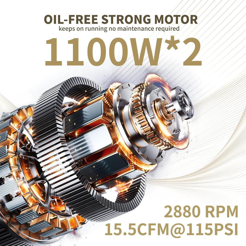 MZB 13.2 Gallon Ultra Quiet Air Compressor 110V/60Hz 1.5HP*2 14.83CFM, MAX 115PSI Steel Tanks Oil-Free 70DB Noise Level Air Compressor with Wheels for Spray Painting, Auto Repair, Carpentry Decoration