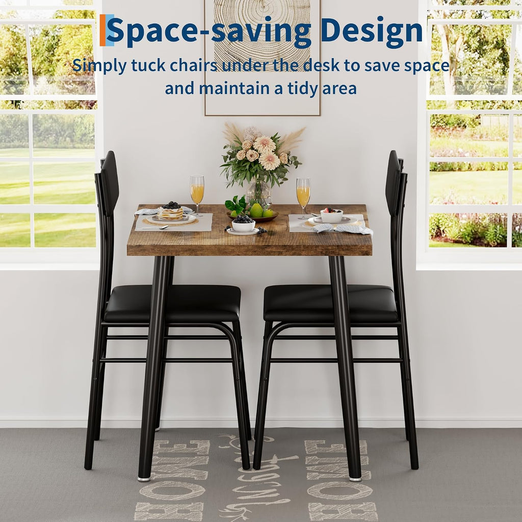 IDEALHOUSE Small Dining Table Set for 2, 3 Piece Kitchen Table Set with 2 Upholstered Chairs, Breakfast Table for Samll Space, Dining Room, Apartment, Restaurant, Rustic Brown