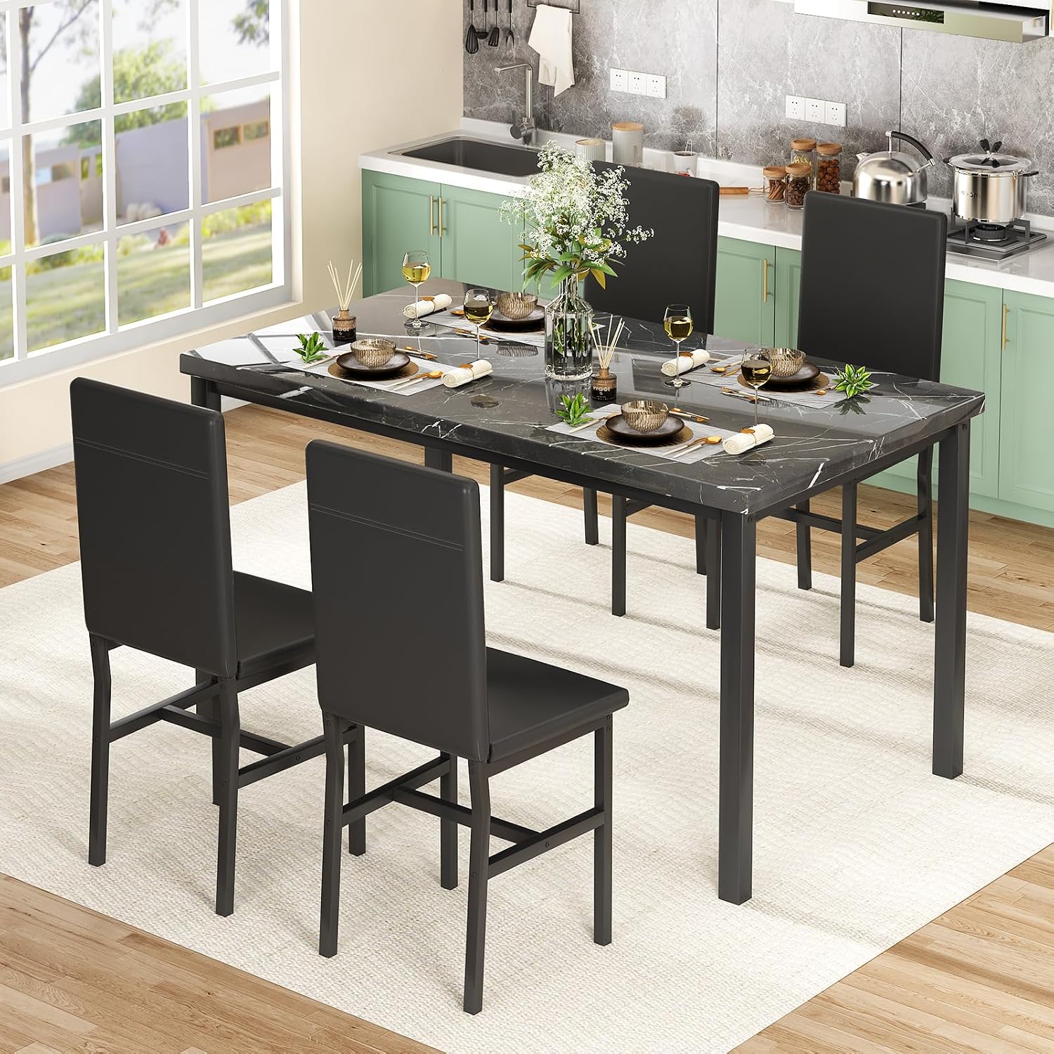 Hooseng Dining Table Set for 4, Modern Faux Marble Kitchen Table with 4 PU Leather Chairs, 5 Piece Dining Room Sets for Dinette, Breakfast Nook, Black