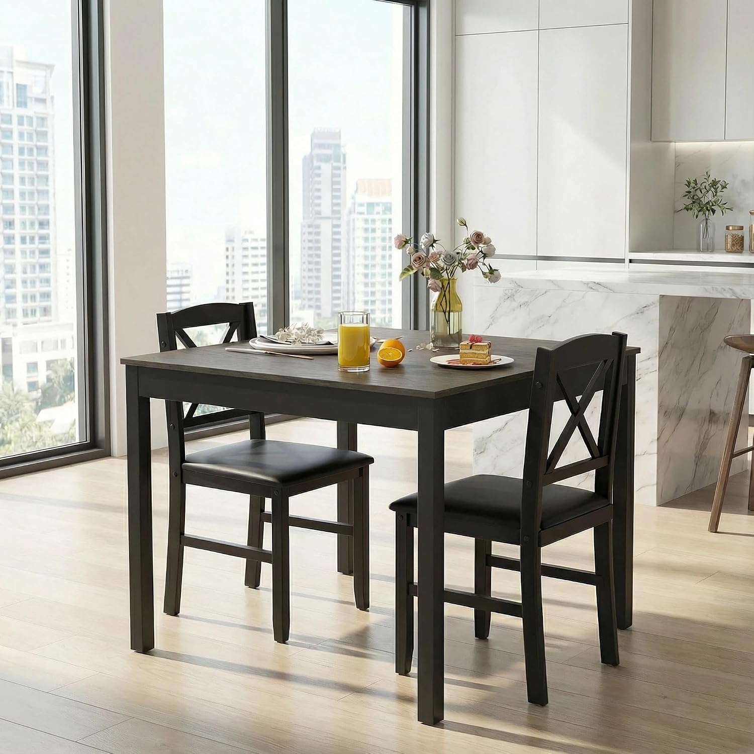 Tangkula Mid-Century Modern Dining Table Set for 2, Wooden Kitchen Table & 2 Chairs with Padded Seats, 3-Piece Compact Dining Set for Small Spaces, Kitchen, Living Room (Grey+Black)