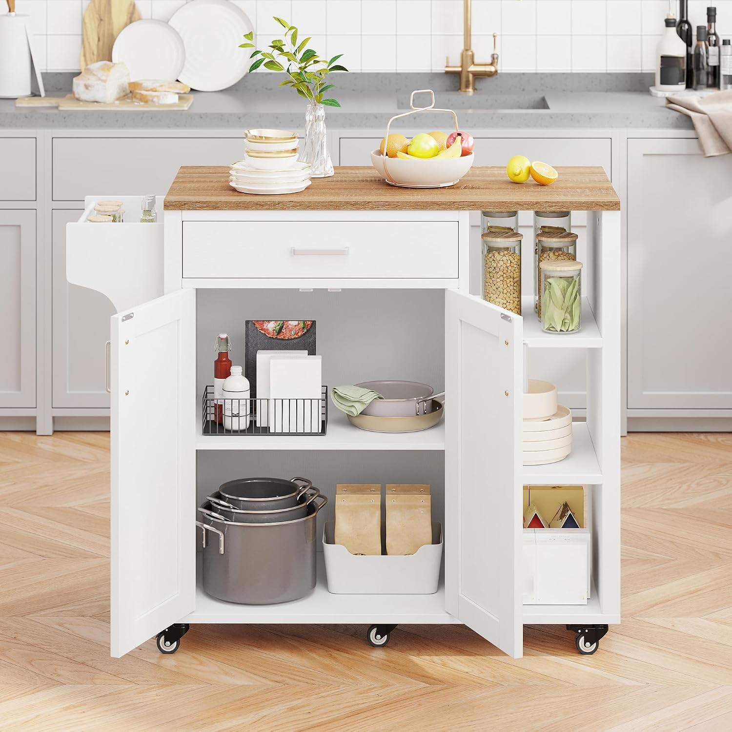 DWVO Rolling Kitchen Island Table on Wheels, Mobile Kitchen Cart with Storage, Butcher Block Island with Open Shelf, Drawer, Spice/Towel Rack, 37inch, White