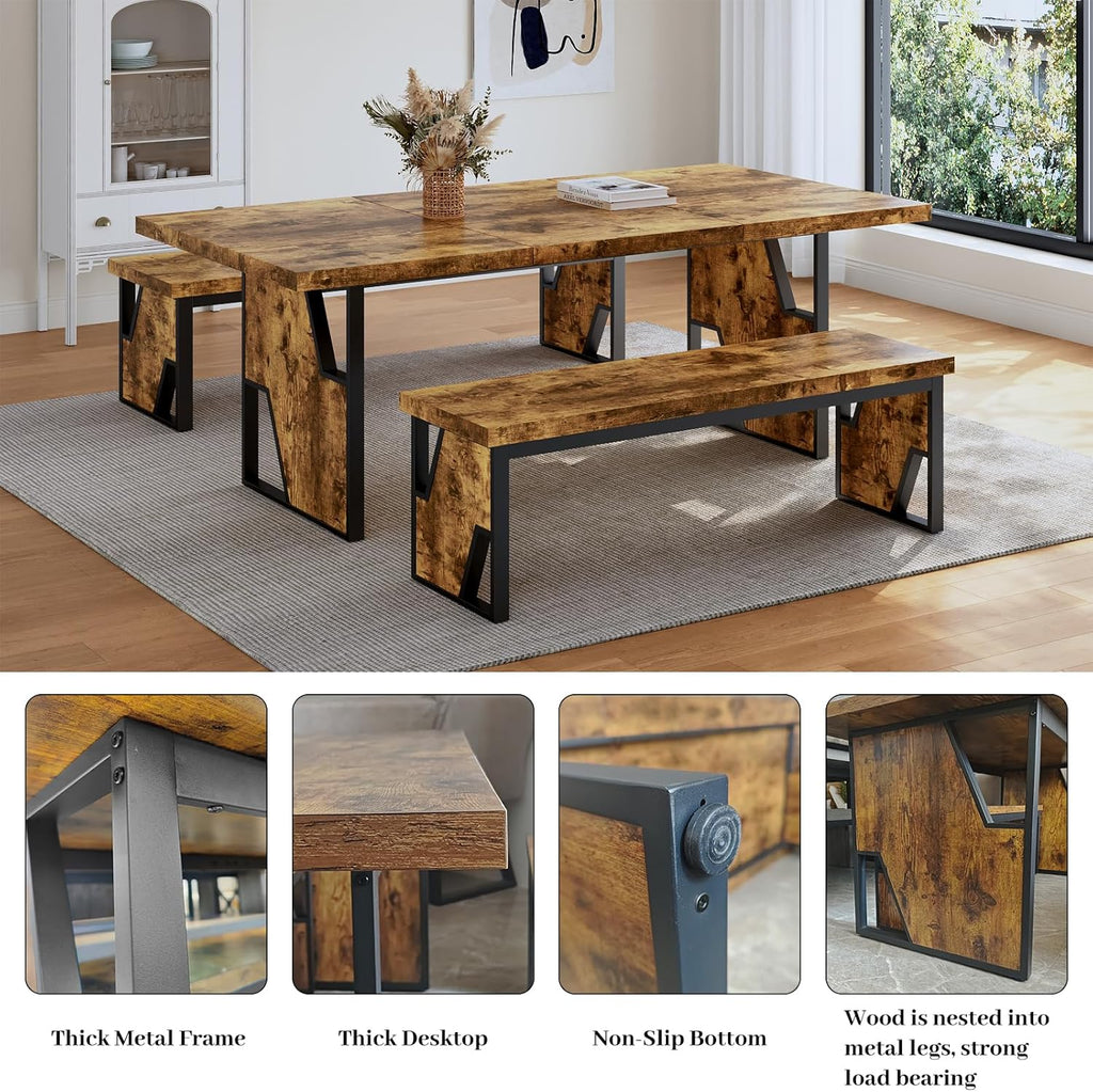 HIPIHOM 70.8' Wooden Dining Table with 2 Benches, Modern Kitchen Table and Chairs Set for 4-6 Person, Thickened MDF Wooden Table with Dining Bench for Living Dining Room, Kitchen, Office