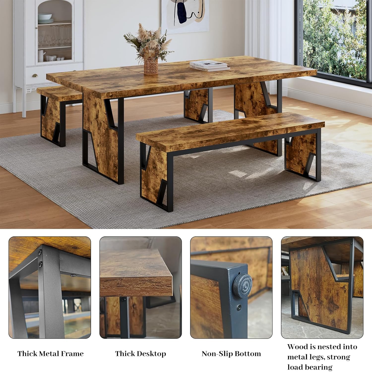 HIPIHOM 70.8' Wooden Dining Table with 2 Benches, Modern Kitchen Table and Chairs Set for 4-6 Person, Thickened MDF Wooden Table with Dining Bench for Living Dining Room, Kitchen, Office