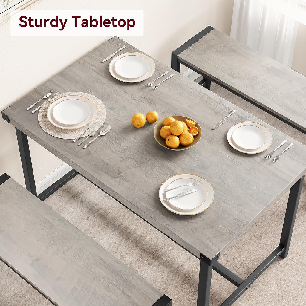 IDEALHOUSE Dining Table Set for 4, Kitchen Table with Benches, Rectangular Dining Room Table Set with 2 Metal Wood Benches, 3 Piece Dining Table Set for Small Space, Apartment, Dinette, Retro Gray