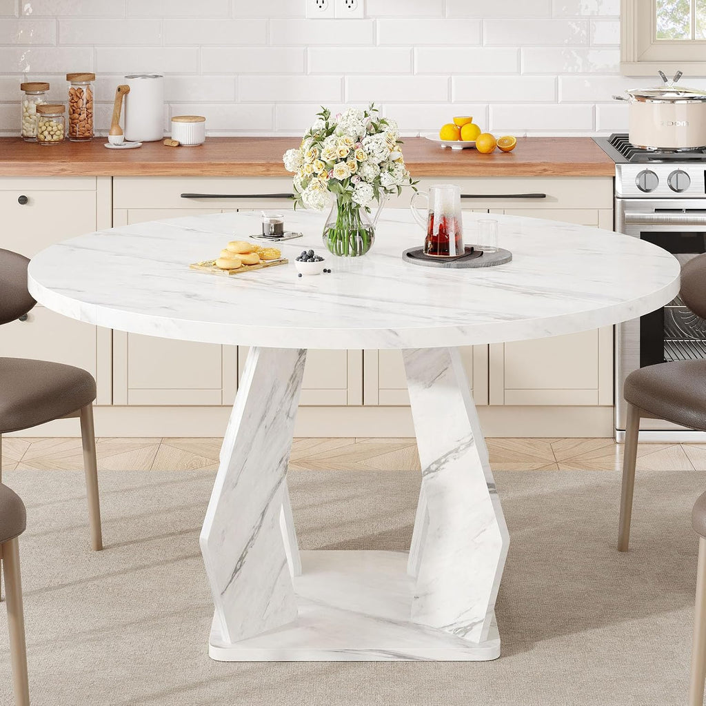 IBF Round Marble Dining Table,Dinner Tables for Kitchen 4-6,47 Inch Modern Pedestal Dining Room Table for Kitchen,Office,Living Room,White Marble