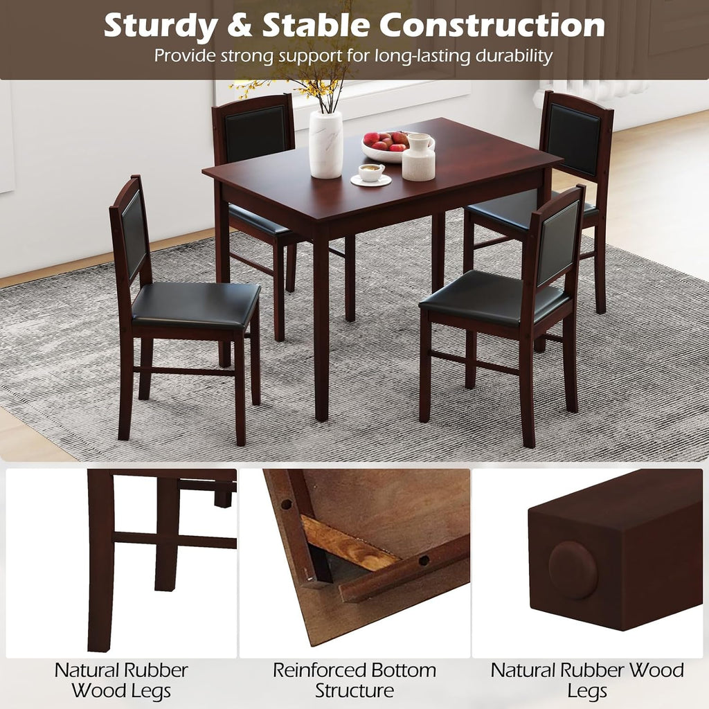 Tangkula Dining Table Set for 4, Farmhouse Solid Wood Dinette Set w/Rubber Wood Legs, Upholstered Seat & Padded Backrest, Mid-Century Modern Dining Table and Chairs Set for Kitchen, Dining Room