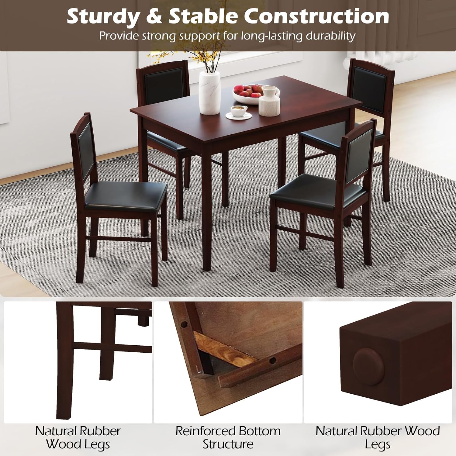 Tangkula Dining Table Set for 4, Farmhouse Solid Wood Dinette Set w/Rubber Wood Legs, Upholstered Seat & Padded Backrest, Mid-Century Modern Dining Table and Chairs Set for Kitchen, Dining Room